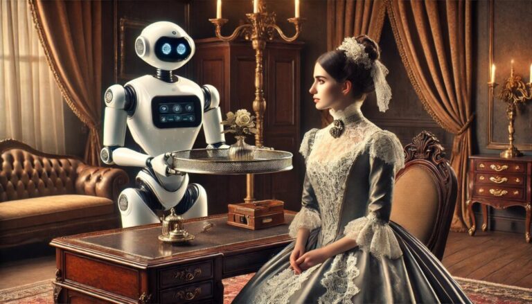 Robot assistant handing a tray of items to a woman dressed in Victorian style