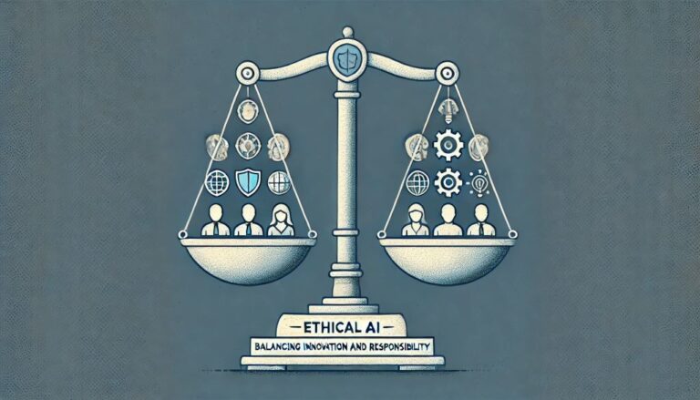 a set of scales with icons representing different ethical considerations in each pan