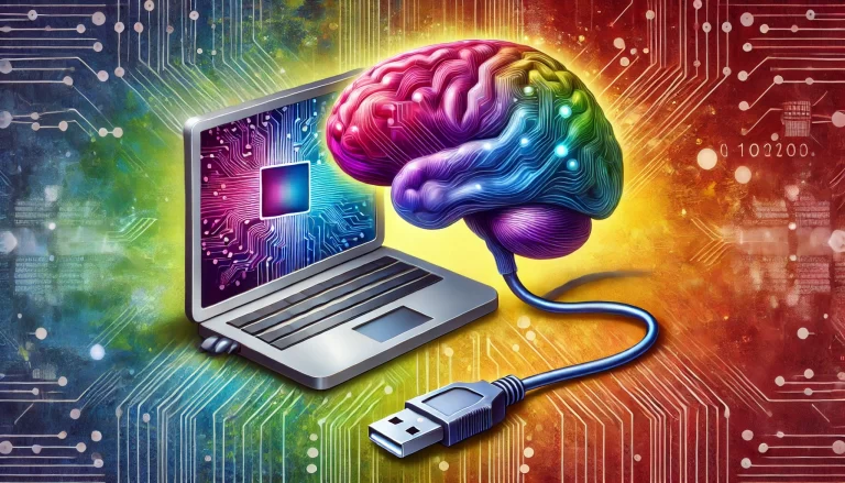 a laptop computer with a human brain connected via a USB cable